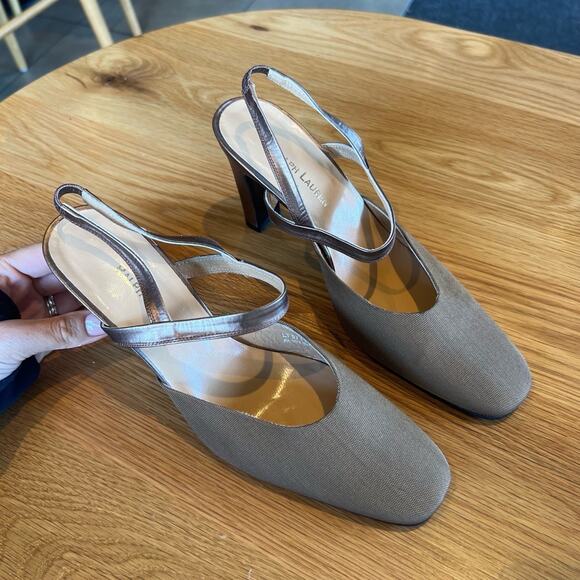 RALPH LAUREN Womens 8.5 Taupe Metallic Slingback Block Heel Vintage - Picture 2 of 8